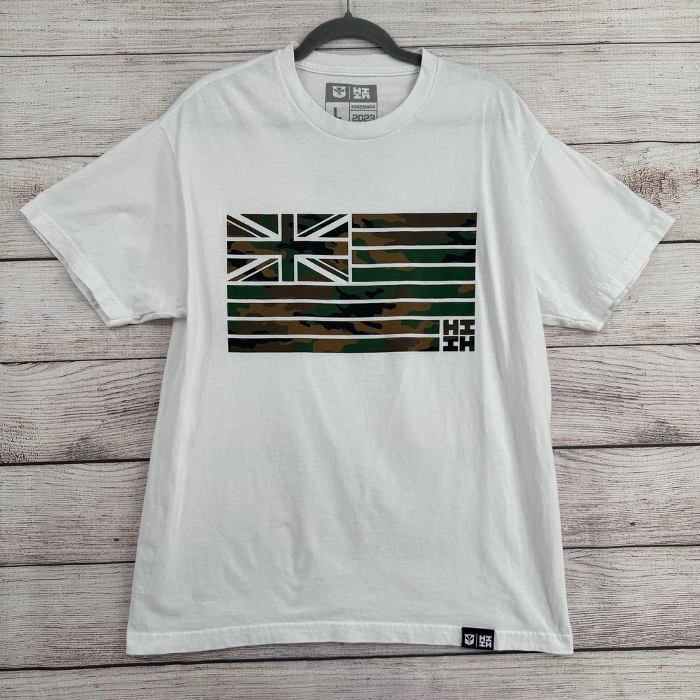 HI‎ Finest Graphic T-Shirt Mens L White Camo Hawaii Flag Kekemapa 2023